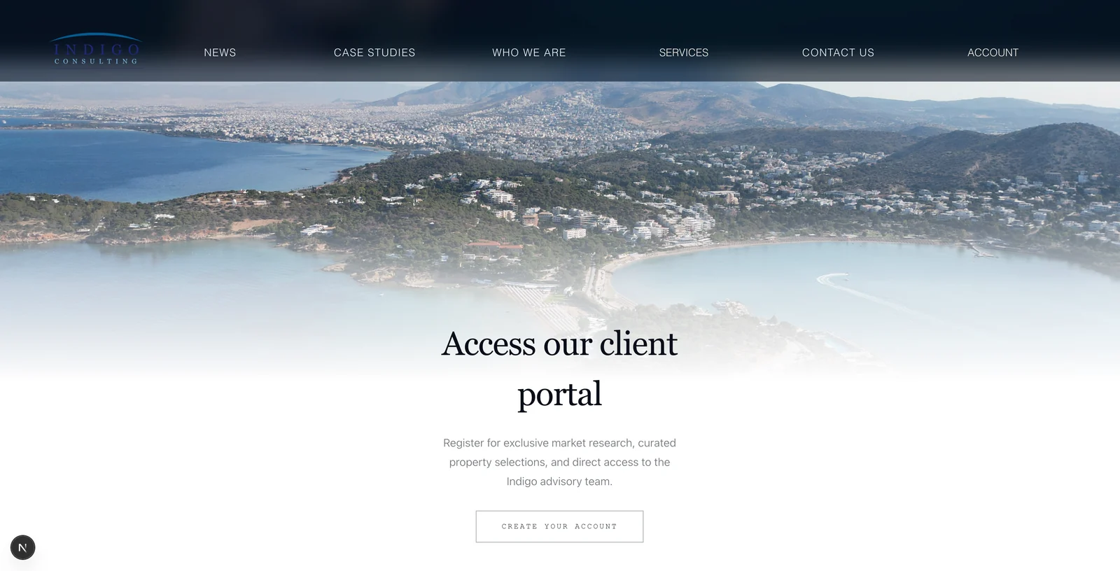Indigo Consulting client portal registration page with an aerial view of the Athens Riviera