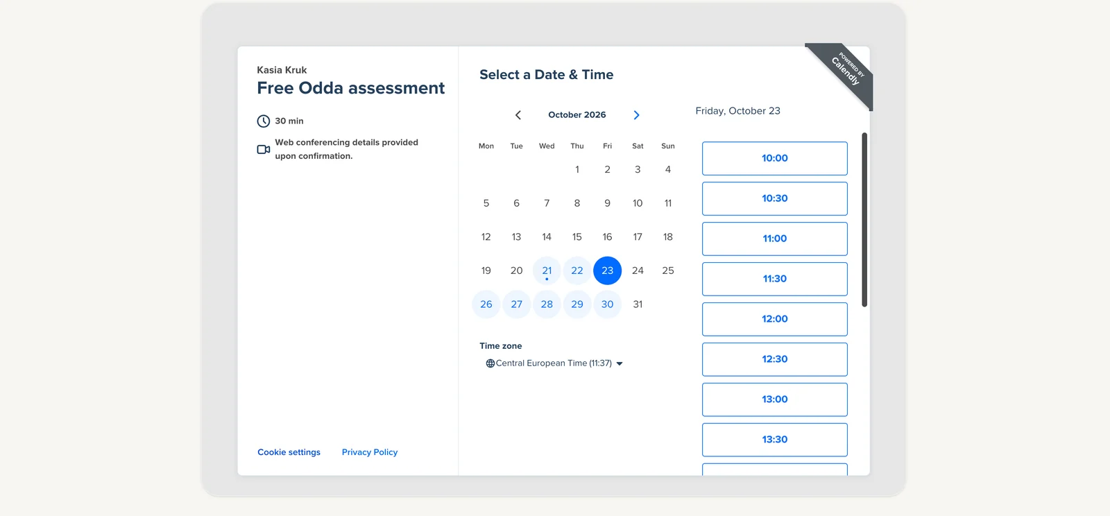 Odda Care assessment booking page