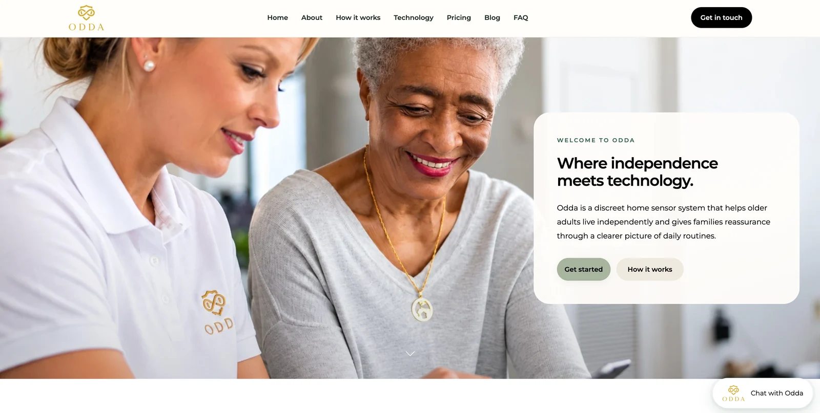 Odda Care homepage introducing independent living and home sensor technology