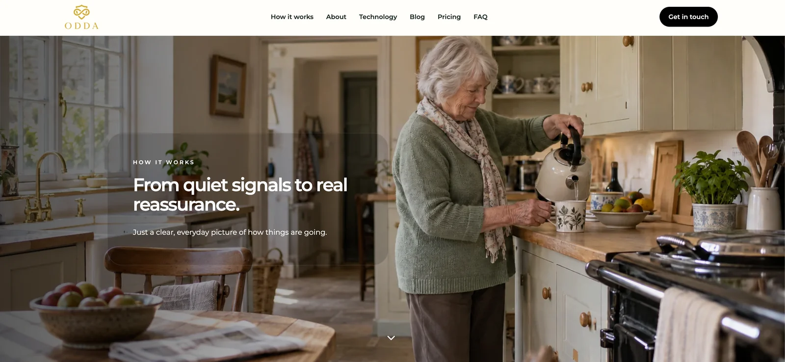 Odda Care How it works page showing an older woman making tea in her kitchen