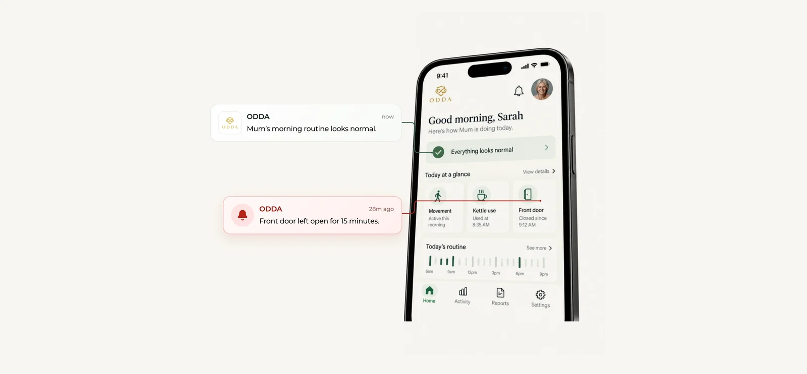 Odda Care mobile interface presented in an iPhone mockup